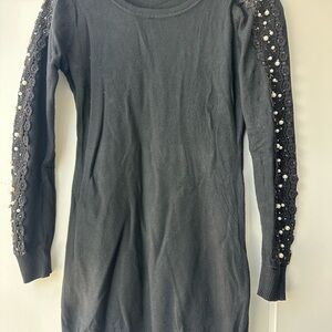 Black Knit Sweater Dress with Pearl & Lace Sleeves